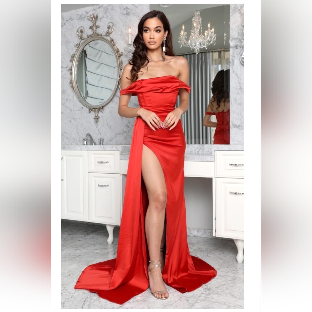 Red satin off shoulder holiday gown